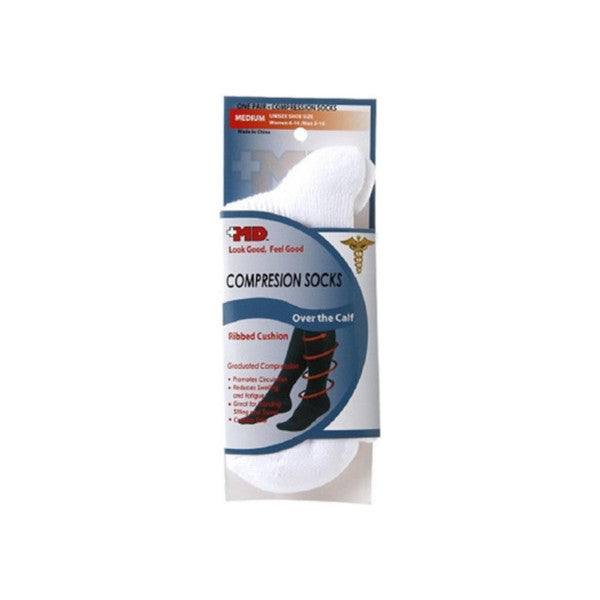 '+MD Unisex Ribbed Compression Socks, Over the Calf, White, Medium – Graduated Compression for Circulation & Support (1 Pair)
