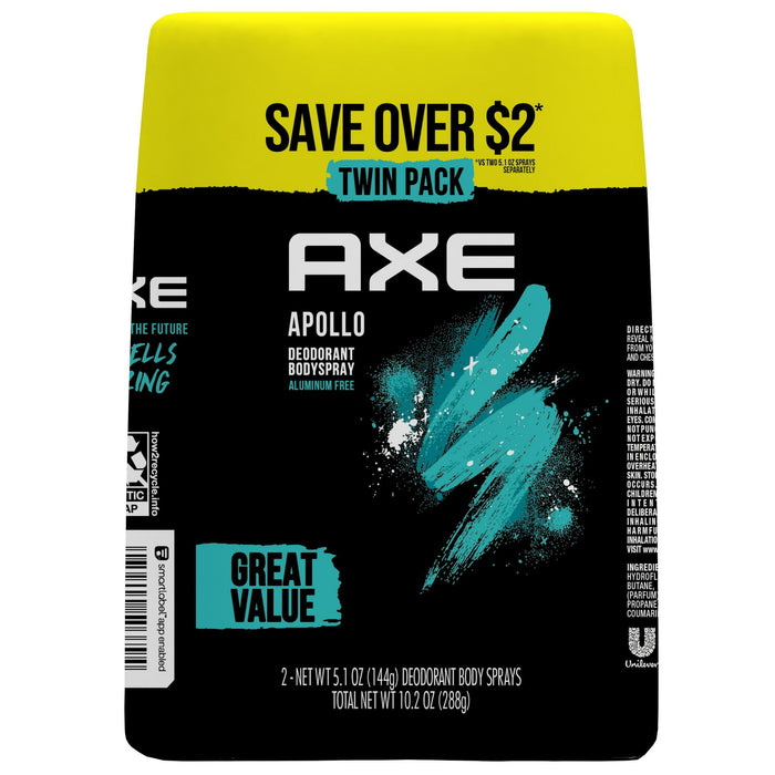 Axe Deodorant Body Spray for Men Apollo Sage & Cedarwood, 5.1 oz Twin