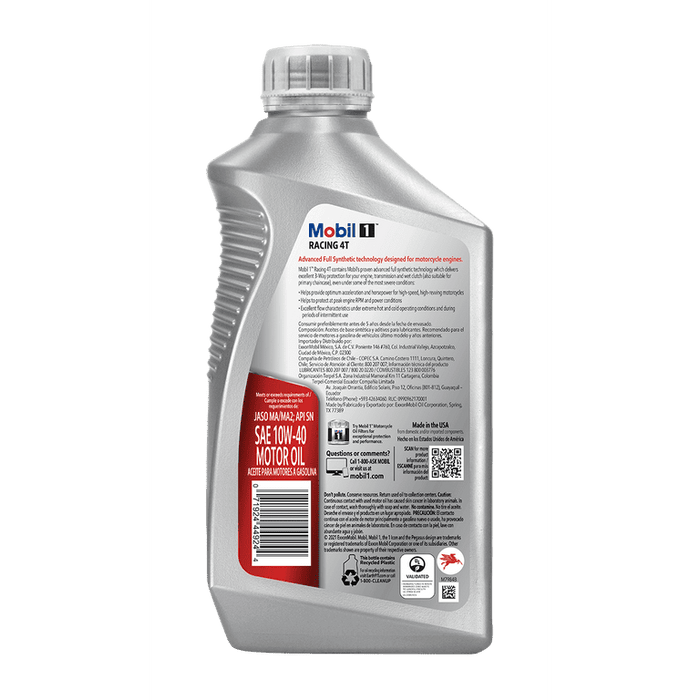 Mobil 1 Racing 4T Full Synthetic Motorcycle Oil 10W-40, 1 qt