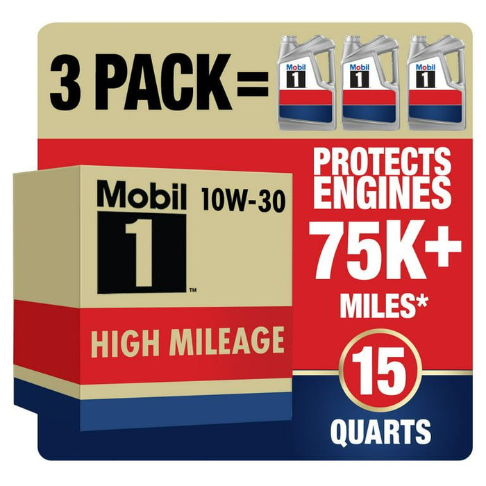 Mobil 1 High Mileage Full Synthetic Motor Oil 10W-30, 5 qt (3 Pack)