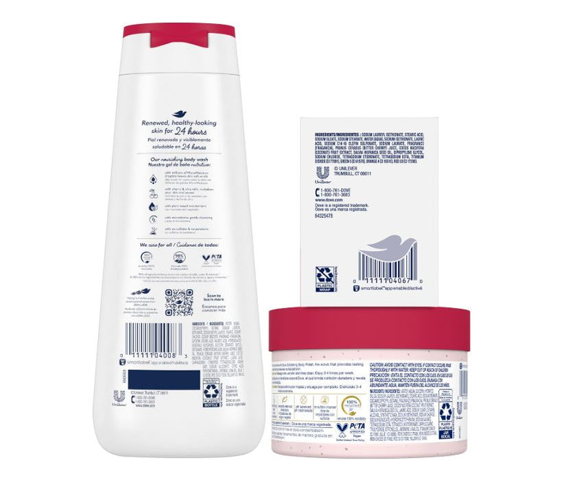 Dove Revitalizing Cherry Collection Gift Set – Cherry & Chia Milk Body Wash, Exfoliating Body Polish + Soap Bar (3 Piece Set)