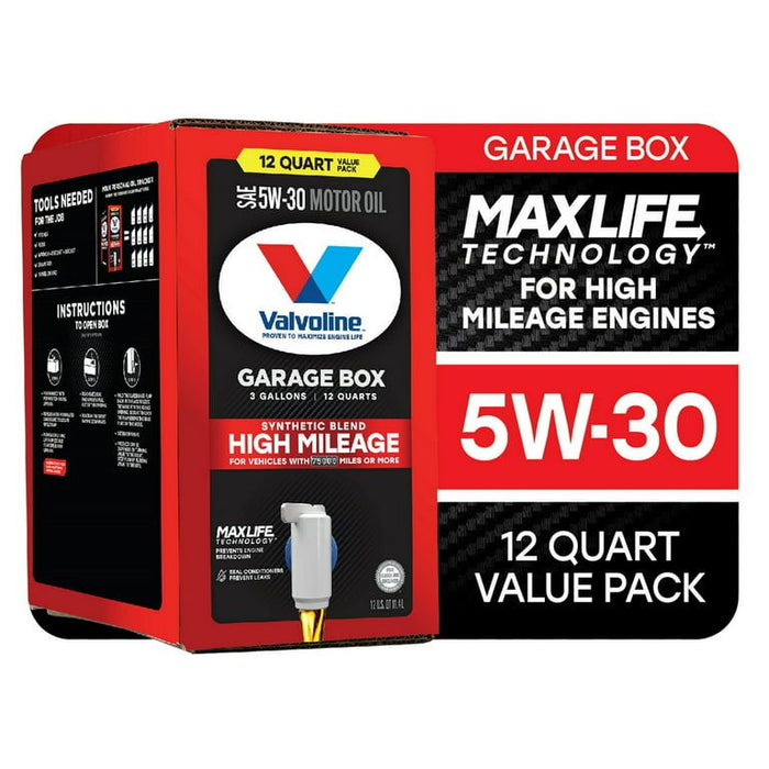 Valvoline High Mileage MaxLife 5W-30 Synthetic Blend Motor Oil 12 QT Garage Box