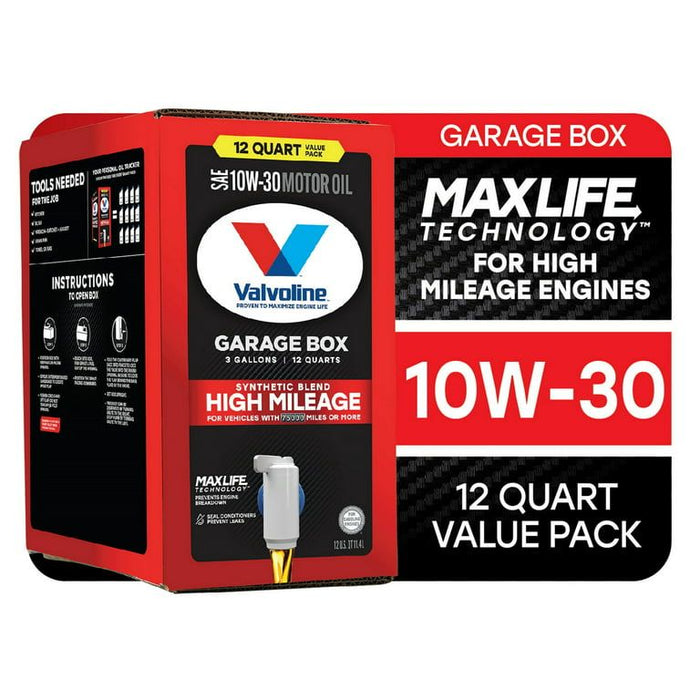 Valvoline High Mileage MaxLife 10W-30 Synthetic Blend Motor Oil 12 QT Garage Box