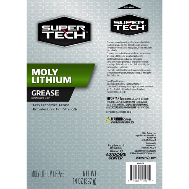 Super Tech Moly-Lithium Extreme Pressure Grease, 14 oz Tube