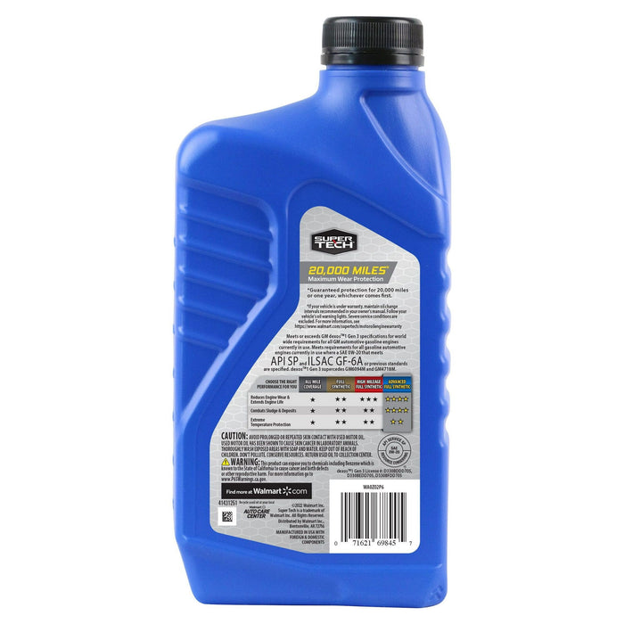 Super Tech Advanced Full Synthetic Motor Oil SAE 0W-20, 1 Quart