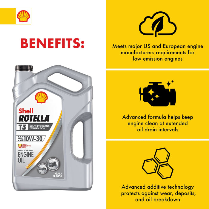 Shell Rotella T5 Synthetic Blend 10W-30 Diesel Engine Oil, 1-Gallon, 3 Pack Case