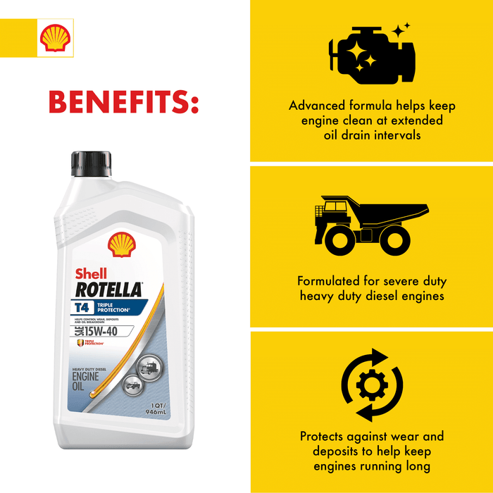 Shell Rotella T4 Triple Protection 15W-40 Diesel Motor Oil, 1 Quart