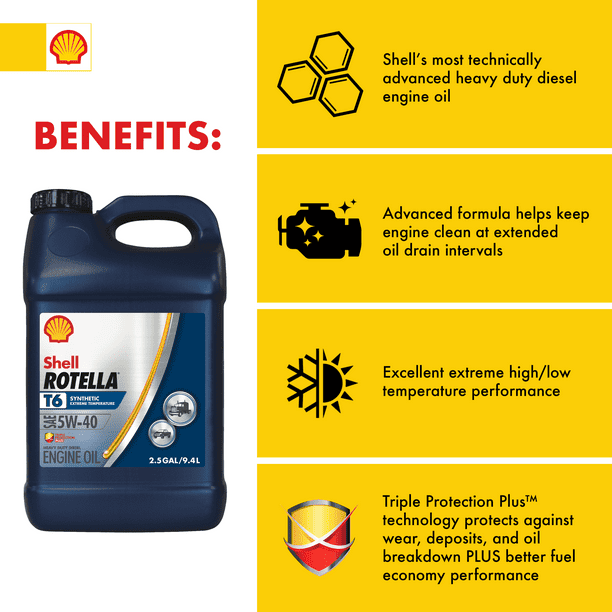 Shell Rotella T6 Full Synthetic 5W-40 Diesel Engine Oil, 2.5 Gallon