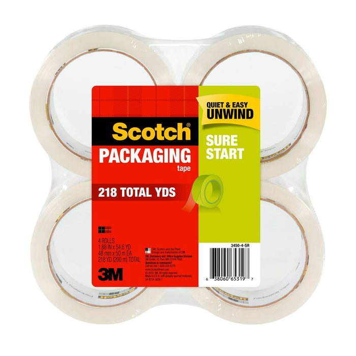 Scotch Sure Start Packaging Tape, Clear, 1.88 in x 54.6 yds, 4 Rolls