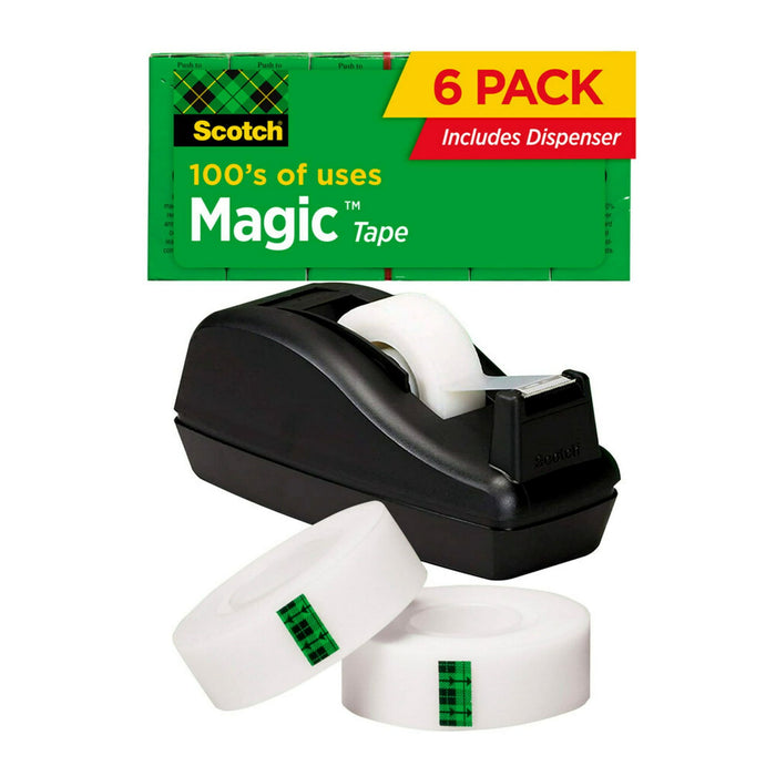 Scotch Magic Tape Value Pack, 3/4"x 1000", 6 Rolls & 1 Black Dispenser