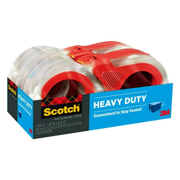 Scotch Heavy Duty Shipping Packaging Tape, 1.88 in x 54.6 yd, 4/Pack with Dispensers