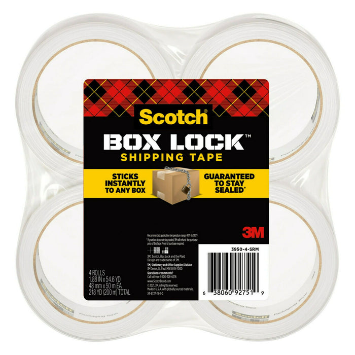 Scotch Box Lock Packaging Tape, Clear, 1.88 in. x 54.6 yd, 4 Rolls