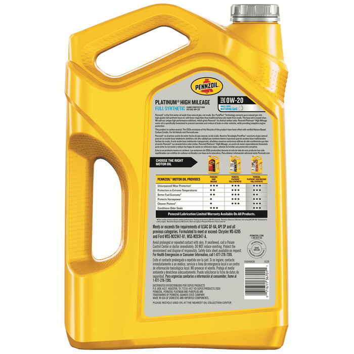 Pennzoil Platinum Full Synthetic High Mileage 0W-20 Motor Oil, 5 Quart