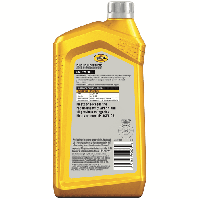 Pennzoil Platinum Euro L Full Synthetic 5W-30 Motor Oil, 1 Quart