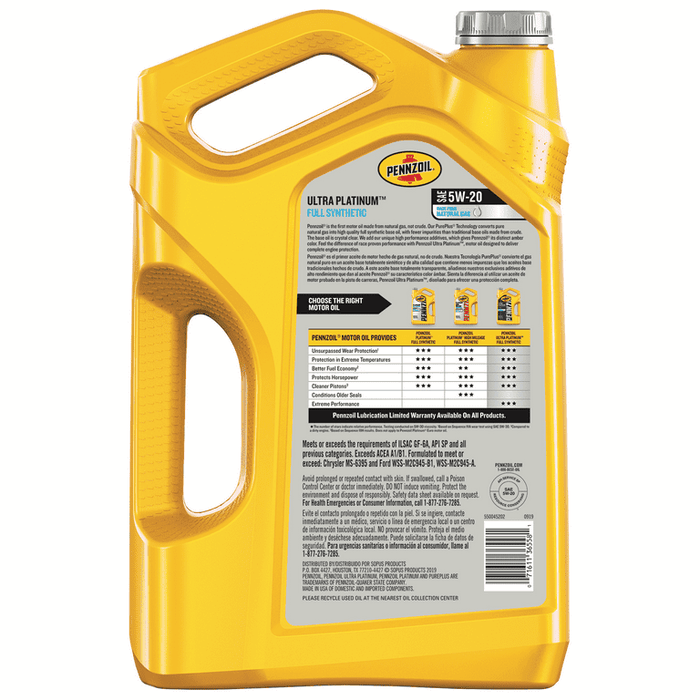 Pennzoil Ultra Platinum Full Synthetic 5W-20 Motor Oil, 5 Quart (3 Pack)