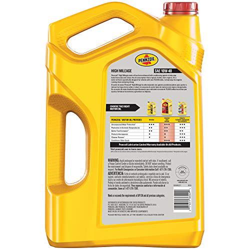 Pennzoil High Mileage 10W-40 Motor Oil for Vehicles over 75K Miles, 5 Quart