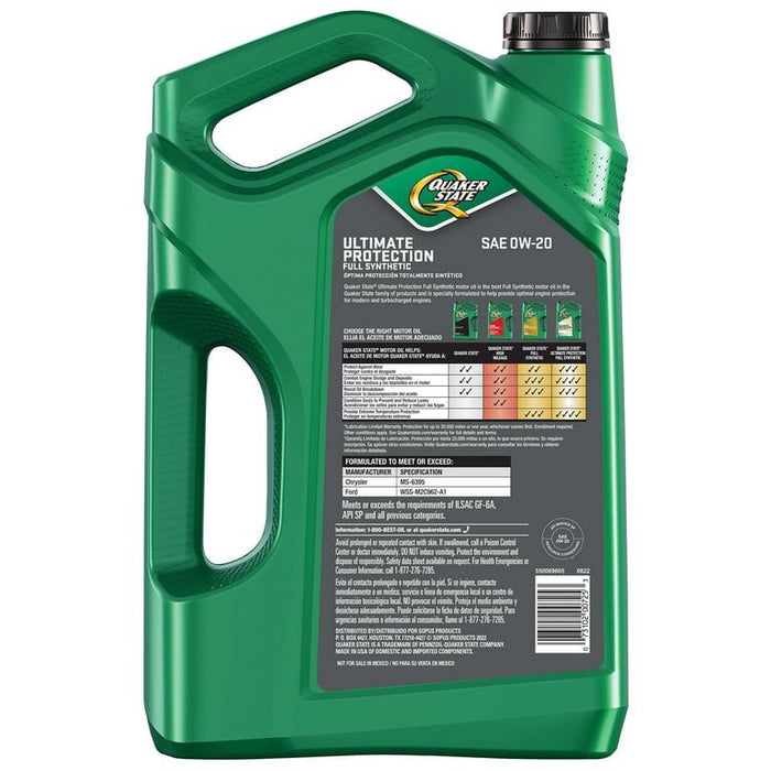 Quaker State Ultimate Protection Full Synthetic 0W-20 Motor Oil, 5 Quart