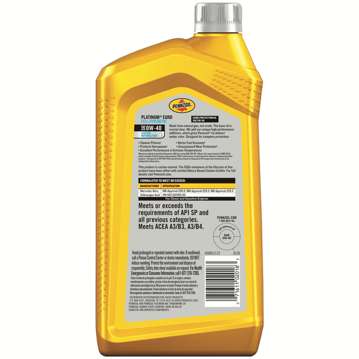 Pennzoil Platinum Euro Full Synthetic 0W-40 Motor Oil, 1 Quart