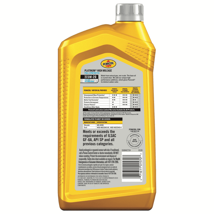 Pennzoil Platinum High Mileage Full Synthetic 5W-20 Motor Oil, 1 Quart