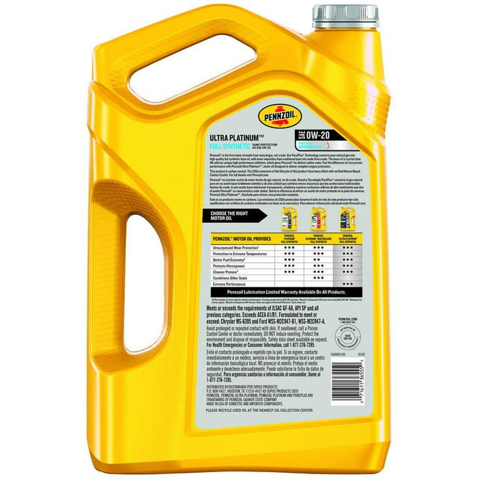 Pennzoil Ultra Platinum Full Synthetic 0W-20 Motor Oil, 5 Quart (3 Pack)