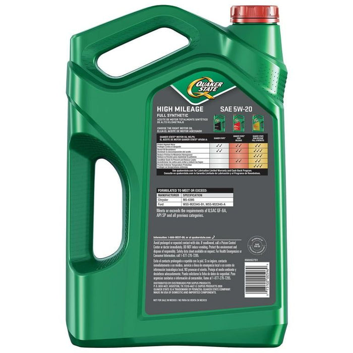 Quaker State High Mileage Full Synthetic 5W-20 Motor Oil, 5 Quart