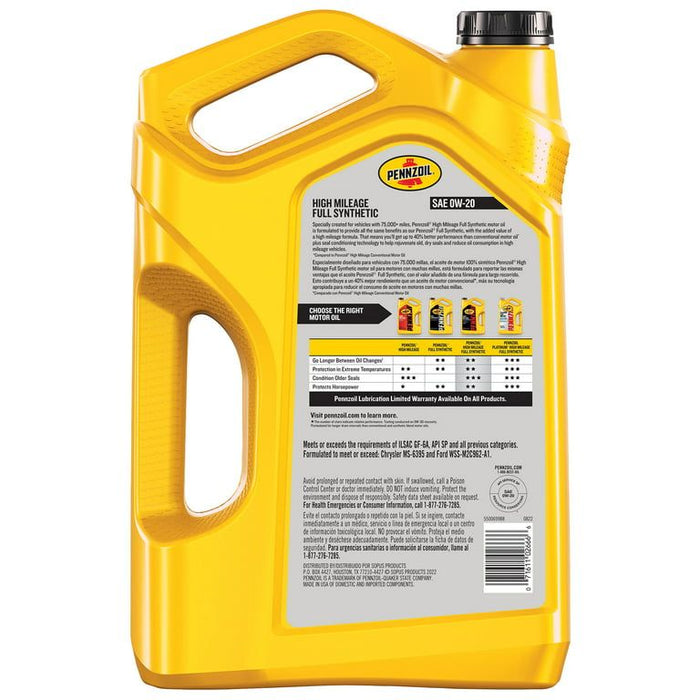 Pennzoil Full Synthetic High Mileage 0W-20 Motor Oil, 5 Quart