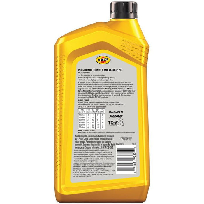 Pennzoil Premium Outboard and Multi-Purpose 2-Cycle Engine Oil, 1 Quart