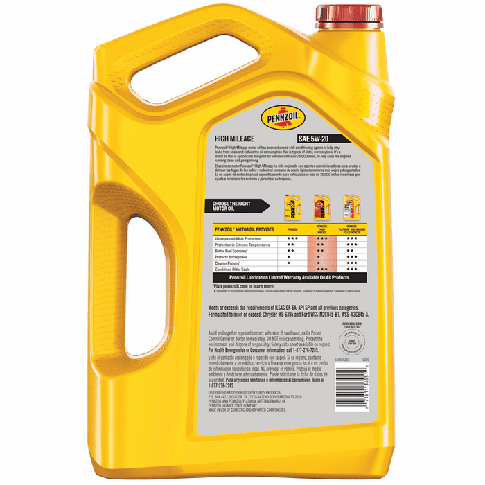 Pennzoil High Mileage 5W-20 Motor Oil for Vehicles over 75K Miles, 5 Quart