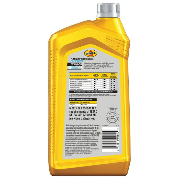 Pennzoil Platinum High Mileage Full Synthetic 10W-30 Motor Oil, 1 Quart