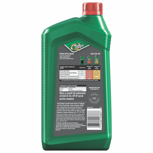 Quaker State High Mileage 5W-30 Synthetic Blend Motor Oil, 1 Quart