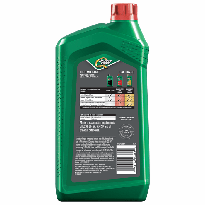 Quaker State High Mileage 10W-30 Synthetic Blend Motor Oil for Vehicles over 75K Miles, 1-Quart