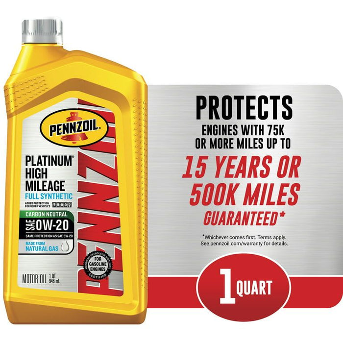 Pennzoil Platinum Full Synthetic High Mileage 0W-20 Motor Oil, 1 Quart