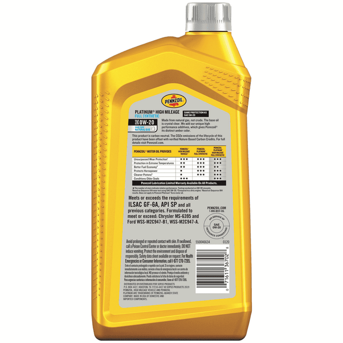 Pennzoil Platinum Full Synthetic High Mileage 0W-20 Motor Oil, 1 Quart