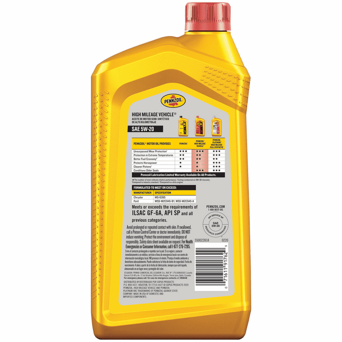 Pennzoil High Mileage 5W-20 Motor Oil for Vehicles over 75K Miles, 1 Quart