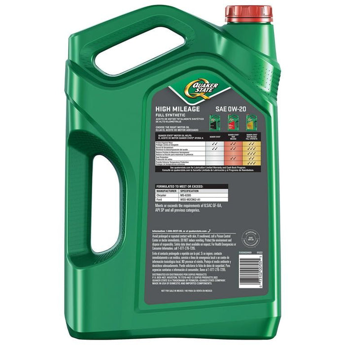 Quaker State Full Synthetic Dexos High Mileage 0W-20 Motor Oil, 5 Quart