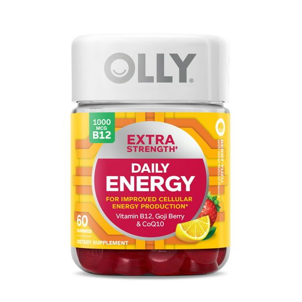 OLLY Extra Strength Daily Energy Gummy Supplement with CoQ10 & B12, Caffeine Free, Berry Yuzu, 60 Count