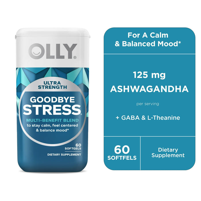 OLLY Ultra Strength Goodbye Stress Softgel, Stress Support, Ashwagandha, L-Theanine, 60 Count