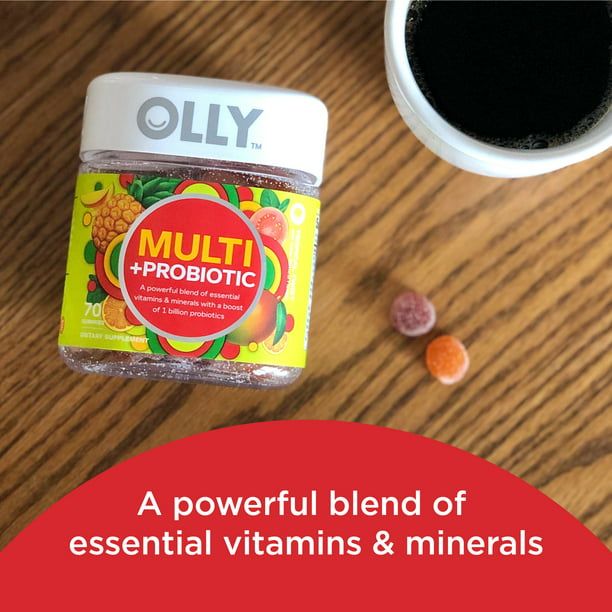 OLLY Adult Multi + Probiotic Gummy, Daily Multivitamin Supplement, Vitamin A, C, E, 70 Count