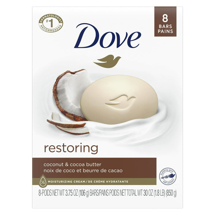 D ove Restoring Coconut And Cocoa Butter Beauty Bar Soap for Skin Care, 3.75 oz, 8 Bars