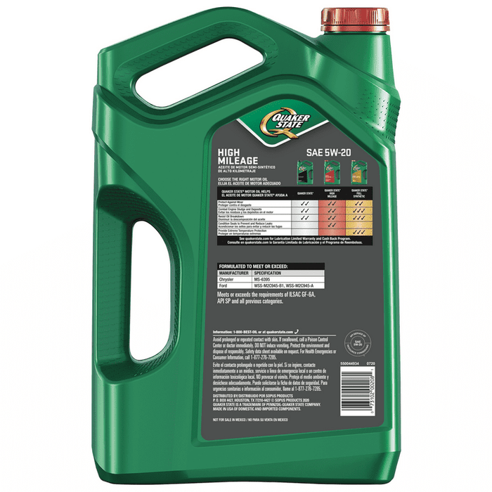 Quaker State High Mileage 5W-20 Synthetic Blend Motor Oil for Vehicles over 75K Miles, 5-Quart