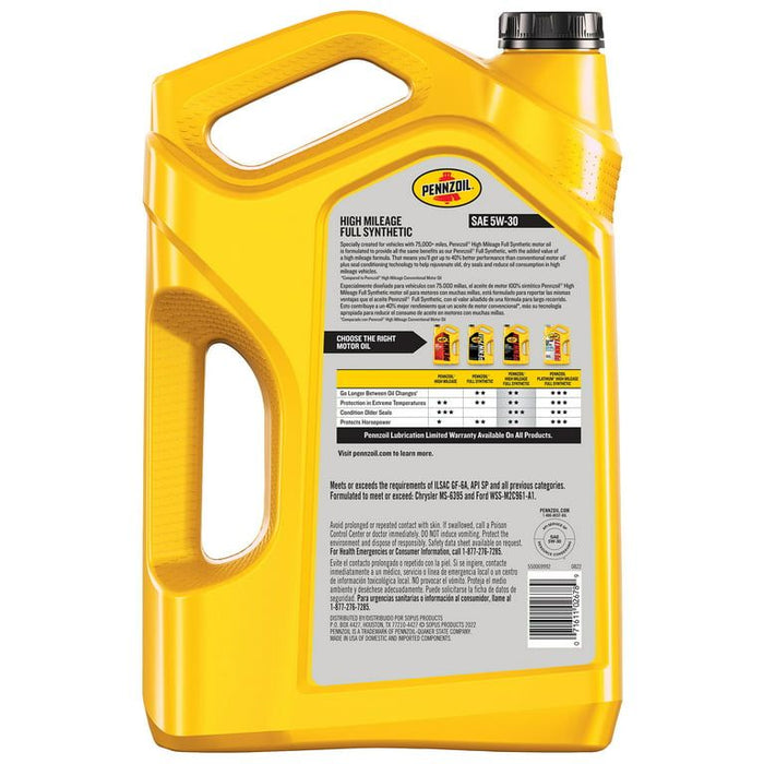 Pennzoil Full Synthetic High Mileage 5W-30 Motor Oil, 5 Quart