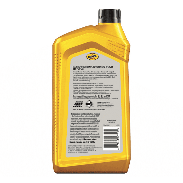 Pennzoil Marine Premium Plus Outboard 4-Cycle 25W-40 Engine Oil, 1 Quart