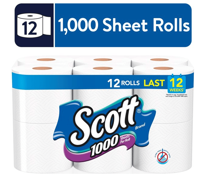 Scott 1,000 Toilet Paper, 12 Rolls, 1,000 Sheets per Roll