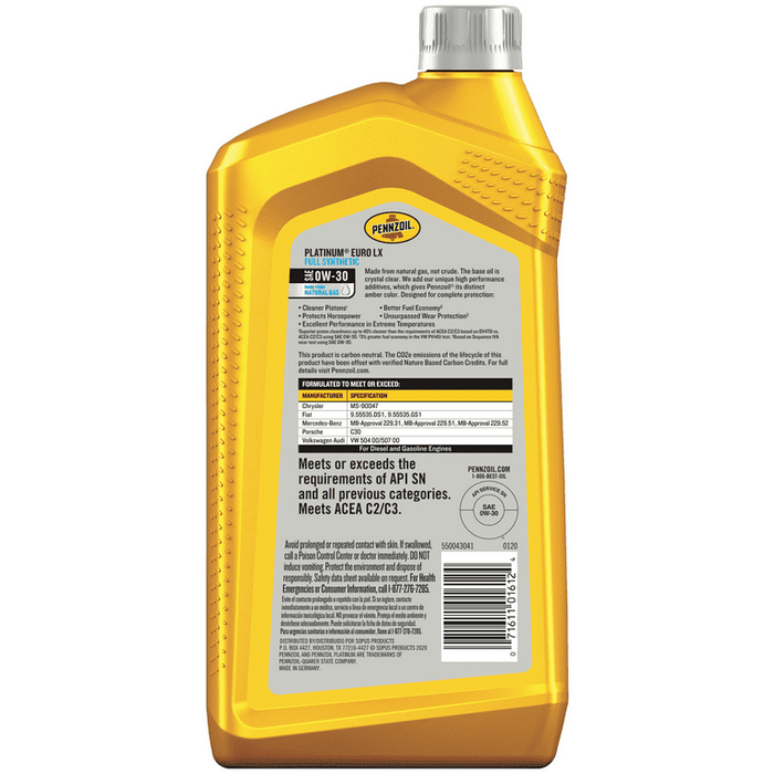 Pennzoil Platinum Euro LX 0W-30 Full Synthetic Motor Oil, 1 Quart