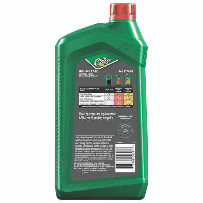 Quaker State High Mileage 10W-40 Synthetic Blend Motor Oil for Vehicles over 75K Miles, 1-Quart