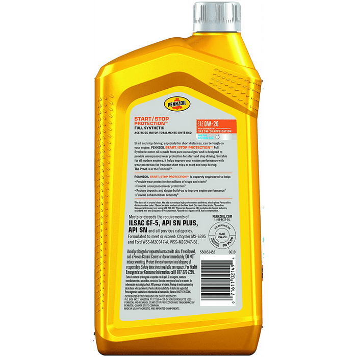 Pennzoil Start/Stop Protection Full Synthetic 0W-20 Motor Oil, 1 Quart