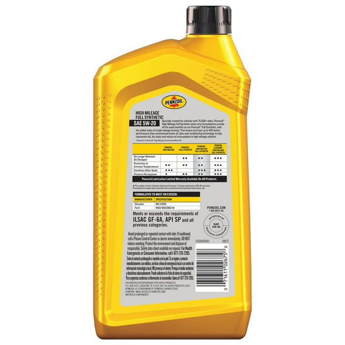 Pennzoil Full Synthetic High Mileage 5W-20 Motor Oil, 1 Quart