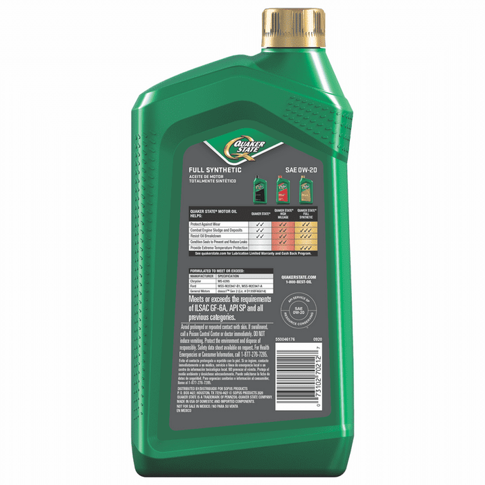 Quaker State Full Synthetic 0W-20 Motor Oil, 1-Quart