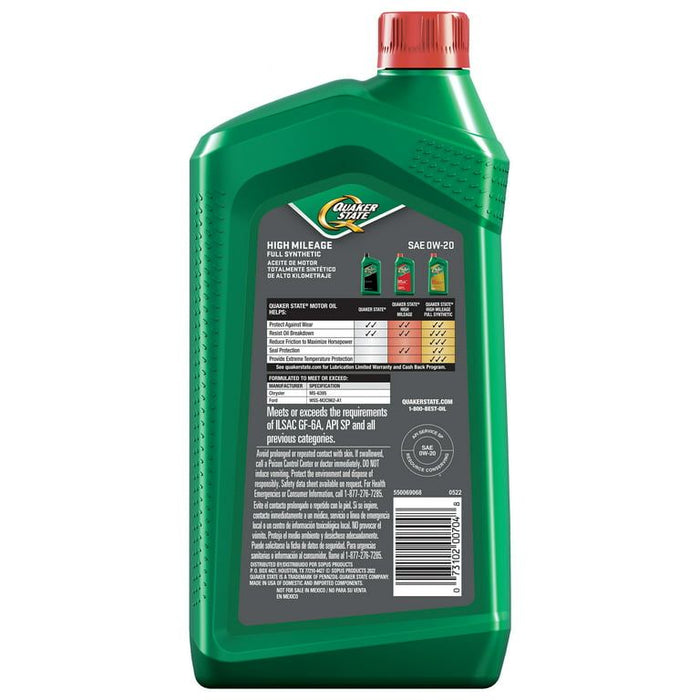 Quaker State Full Synthetic Dexos High Mileage 0W-20 Motor Oil, 1 Quart