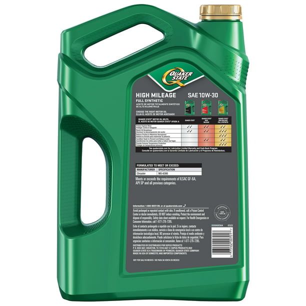 Quaker State Full Synthetic High Mileage 10W-30 Motor Oil, 5 Quart